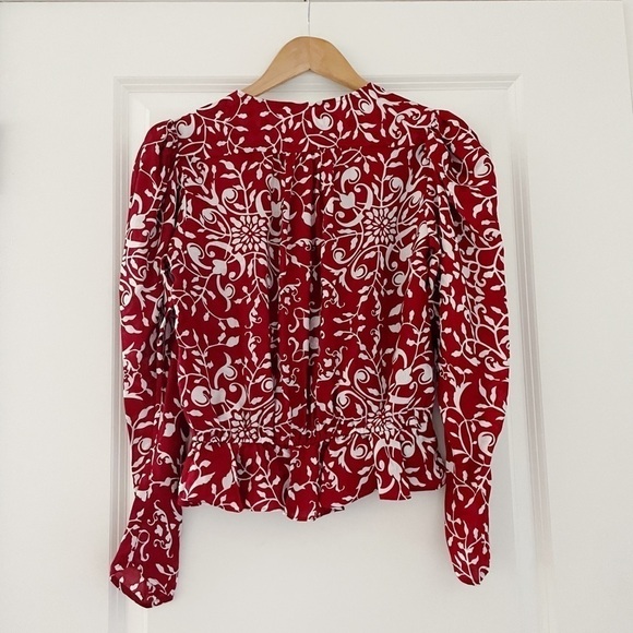 The Kooples Botanical-Print Puff-Sleeve Peplum Silk Top - Picture 6 of 11